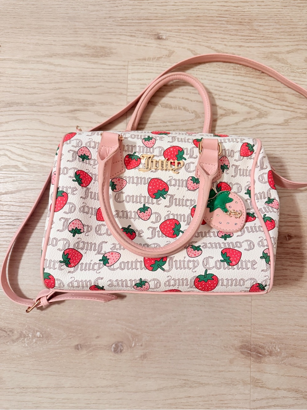 Juicy Couture Cream Satchel with Pink Trim & Red Strawberry Print